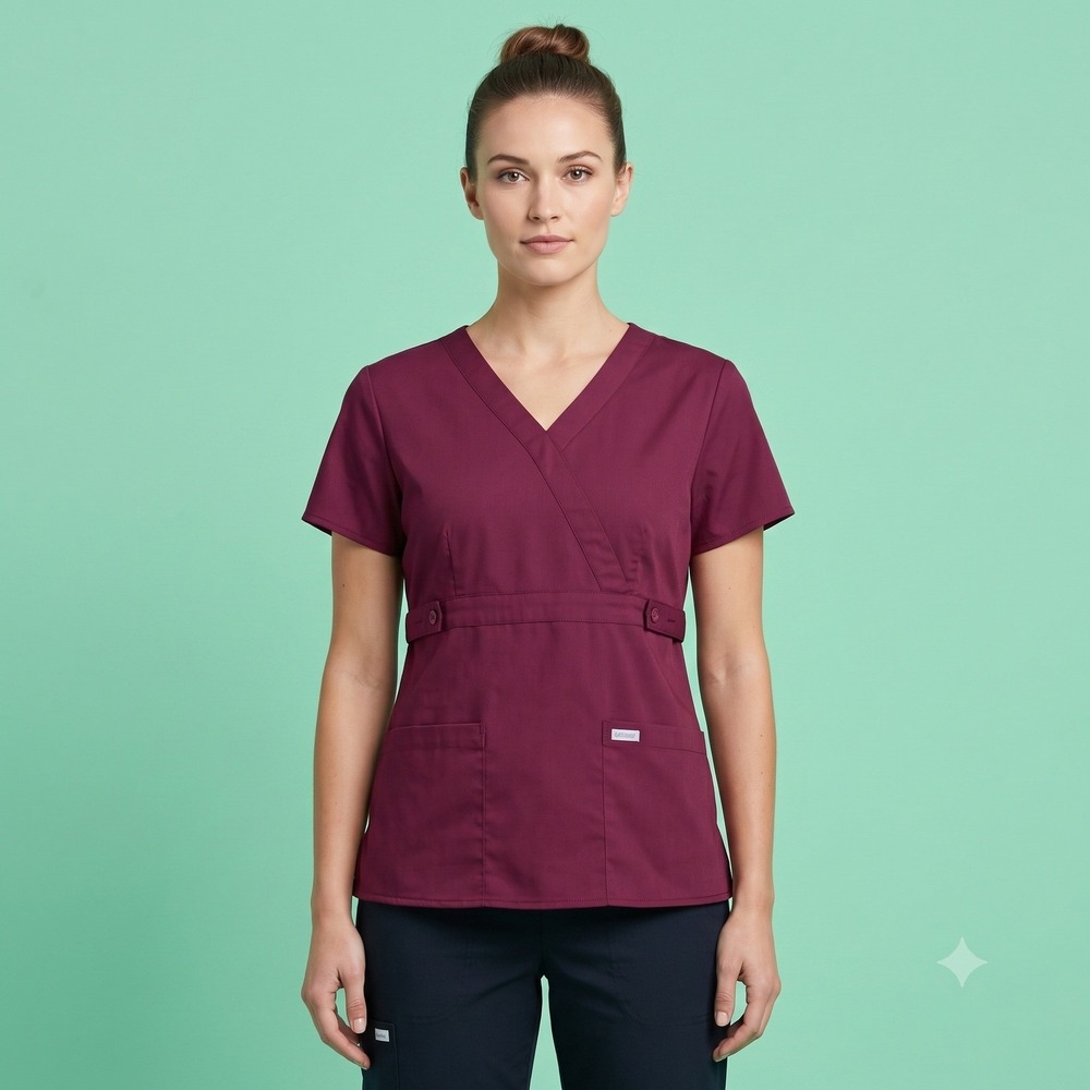 Grey's Anatomy by Barco Mock Wrap Scrub Top Women Size M Burgundy Wine